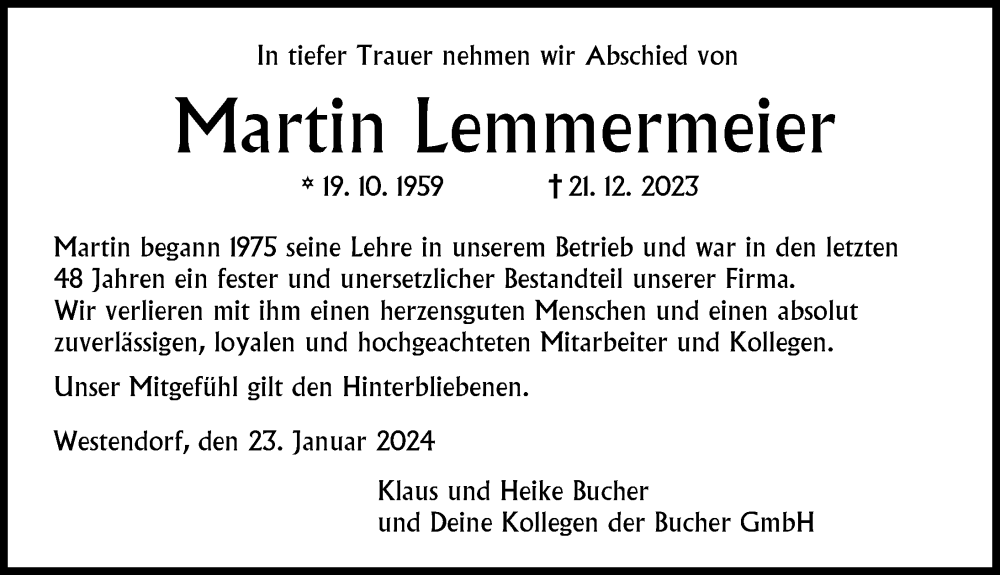 Traueranzeige von Martin Lemmermeier von Wertinger Zeitung, Augsburg-Land