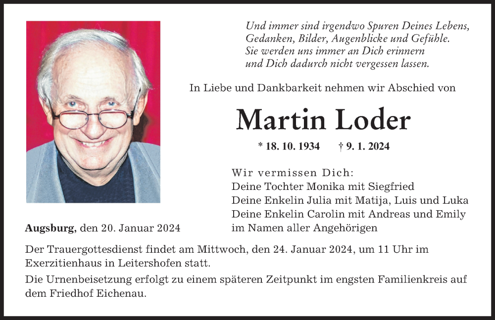 Traueranzeige von Martin Loder von Augsburger Allgemeine