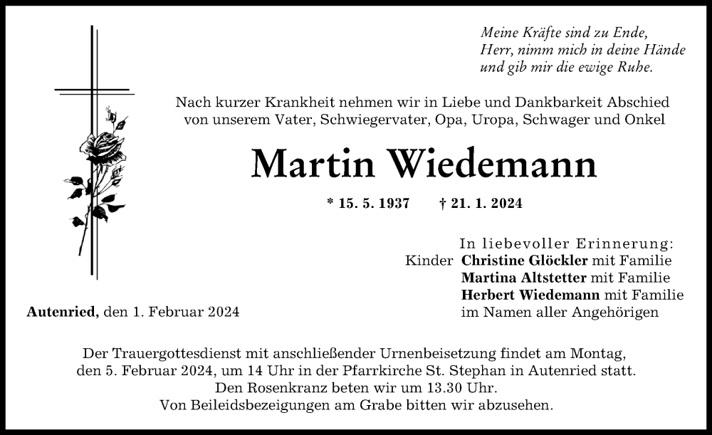 Traueranzeige von Martin Wiedemann von Neu-Ulmer Zeitung, Günzburger Zeitung