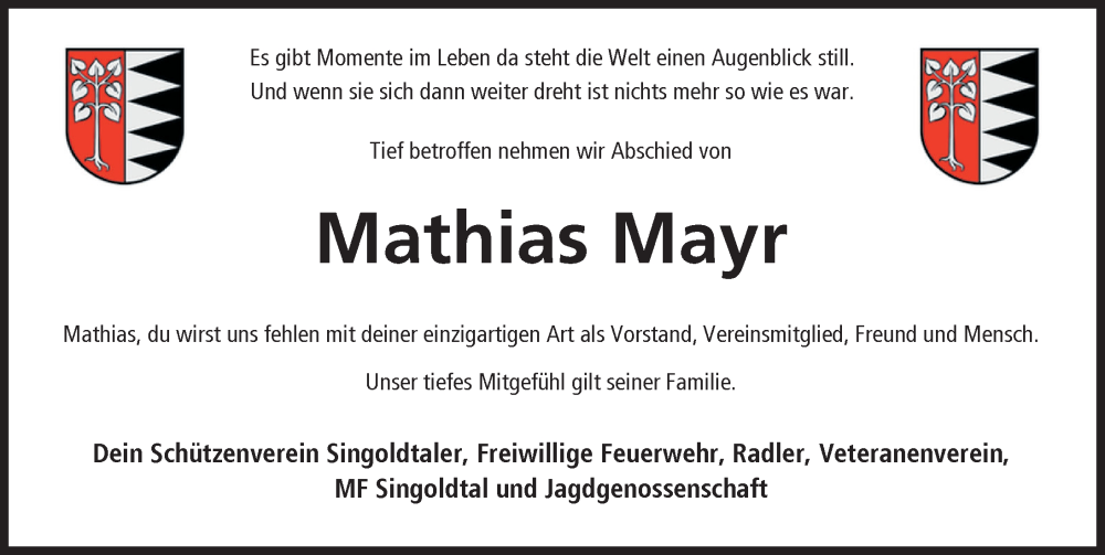 Traueranzeige für Mathias Mayr vom 13.01.2024 aus Schwabmünchner Allgemeine, Augsburger Allgemeine