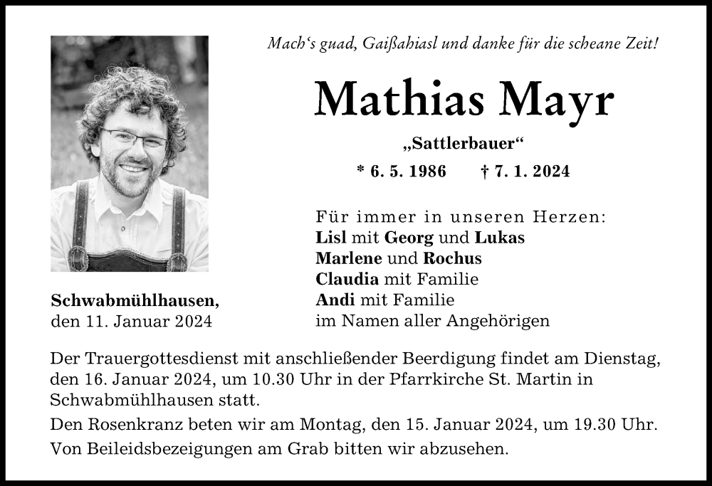  Traueranzeige für Mathias Mayr vom 11.01.2024 aus Schwabmünchner Allgemeine