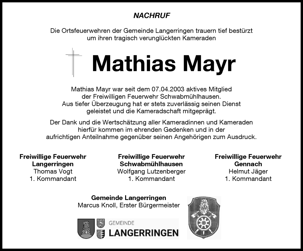  Traueranzeige für Mathias Mayr vom 13.01.2024 aus Schwabmünchner Allgemeine