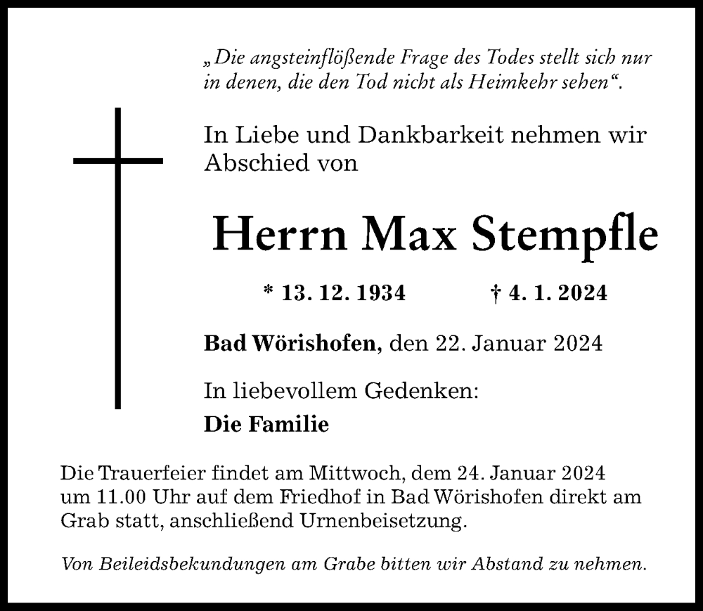 Traueranzeige von Max Stempfle von Mindelheimer Zeitung