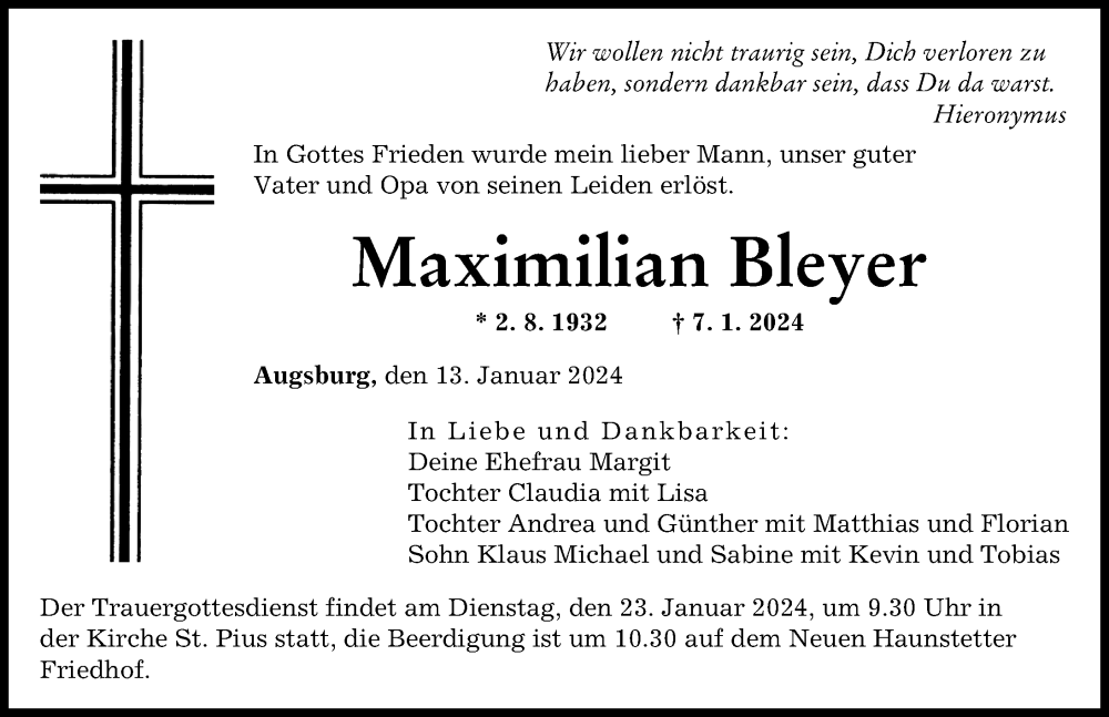 Traueranzeige von Maximilian Bleyer von Augsburger Allgemeine