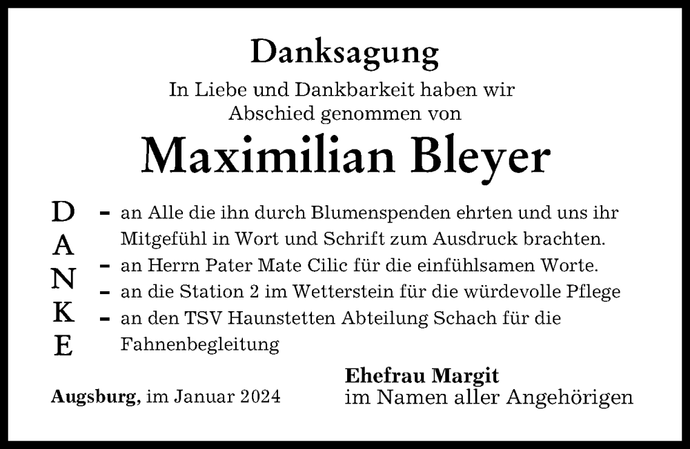 Traueranzeige von Maximilian Bleyer von Augsburger Allgemeine