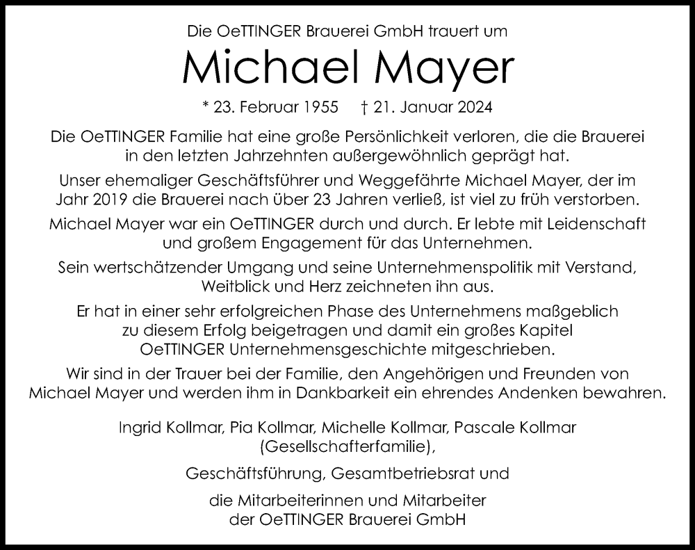 Traueranzeigen von Michael Mayer Augsburger Allgemeine Zeitung