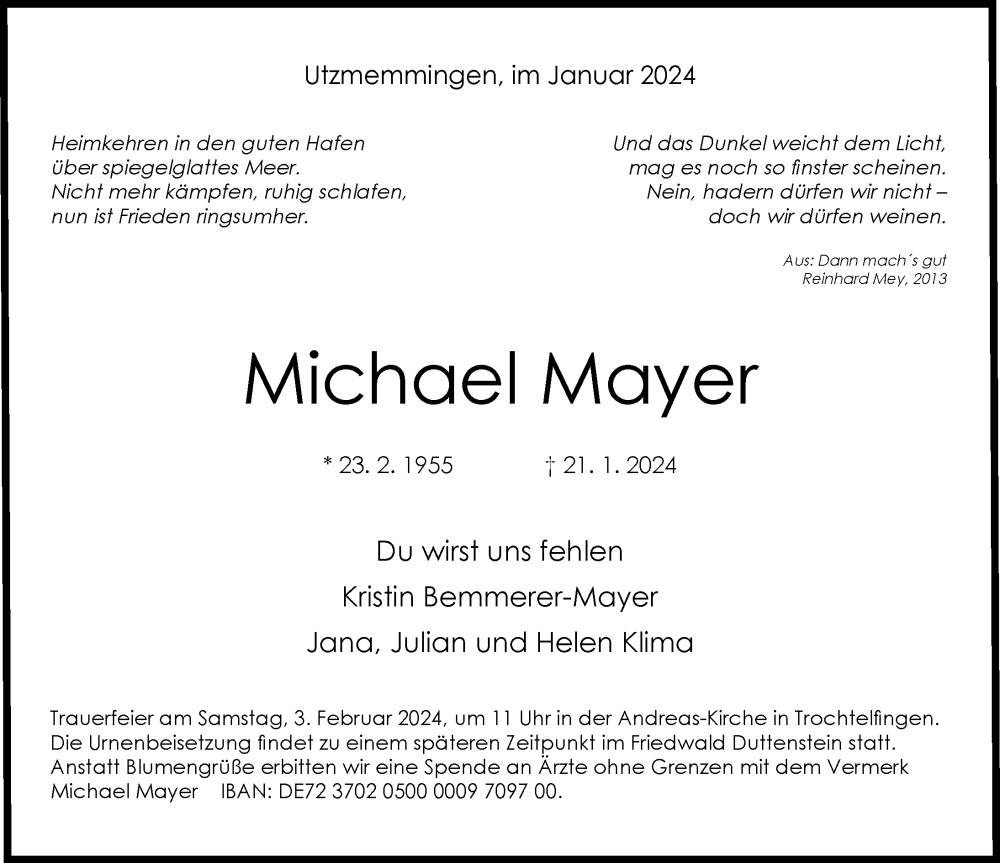 Traueranzeigen von Michael Mayer Augsburger Allgemeine Zeitung