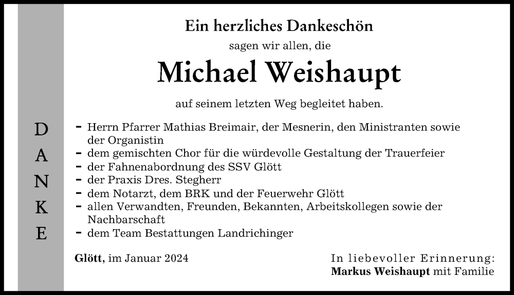 Traueranzeige von Michael Weishaupt von Donau Zeitung