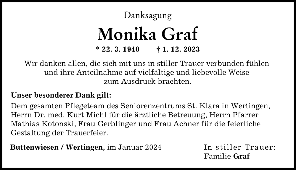  Traueranzeige für Monika Graf vom 13.01.2024 aus Wertinger Zeitung