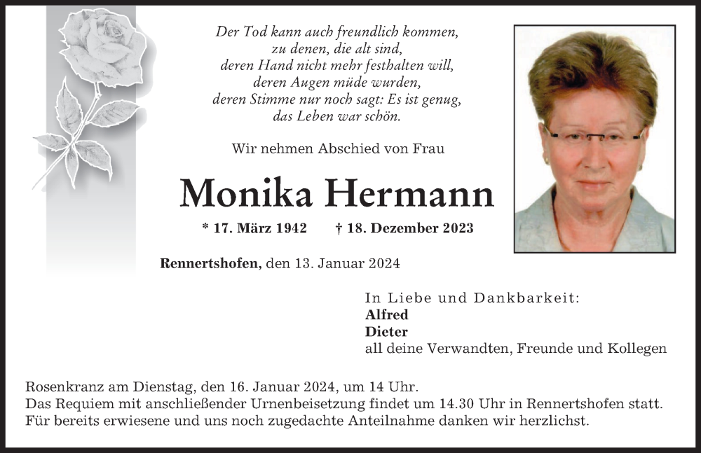 Traueranzeige von Monika Hermann von Neuburger Rundschau