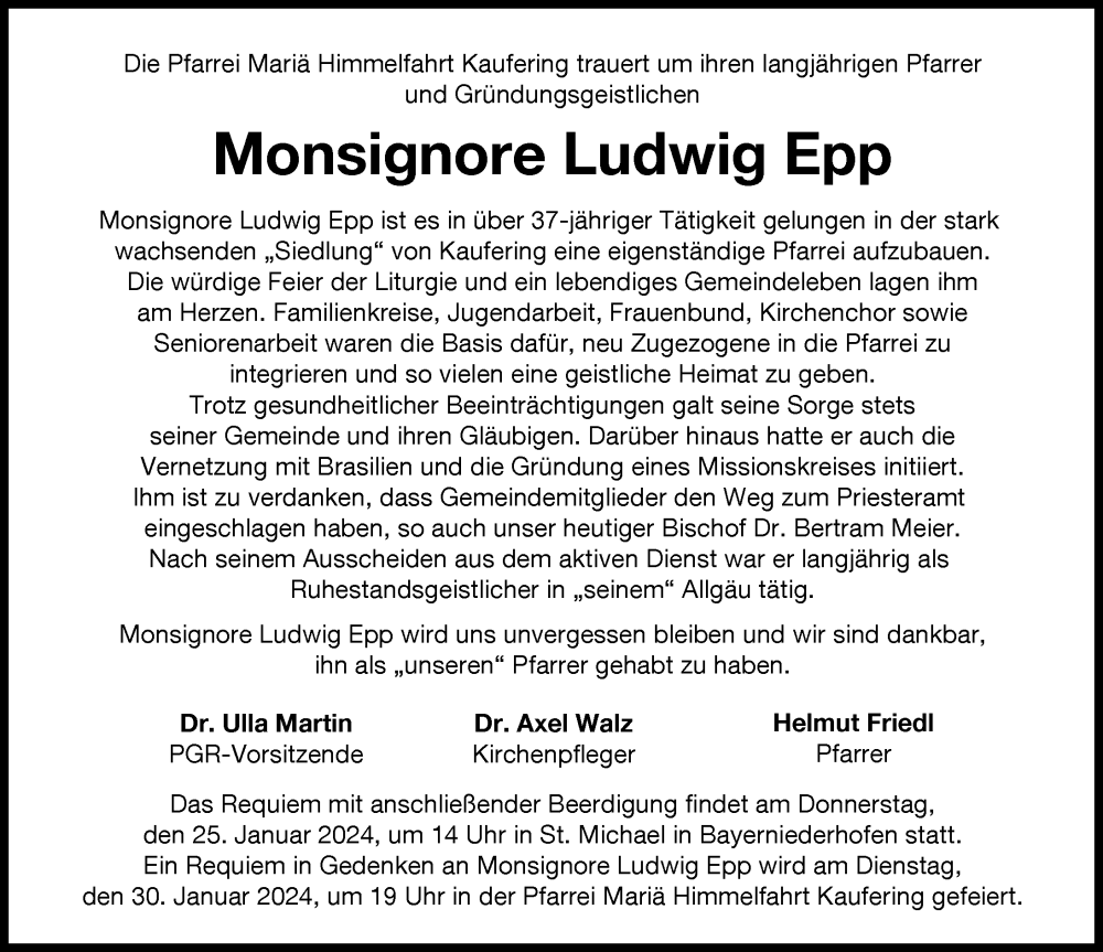 Traueranzeige von Monsignore Ludwig Epp von Landsberger Tagblatt