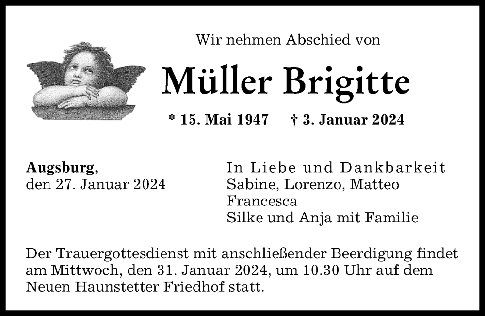 Traueranzeige von Müller Brigitte von Augsburger Allgemeine