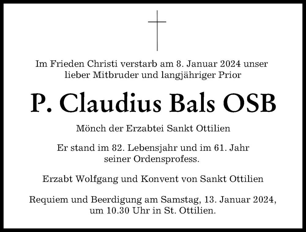  Traueranzeige für P. Claudius Bals vom 10.01.2024 aus Landsberger Tagblatt