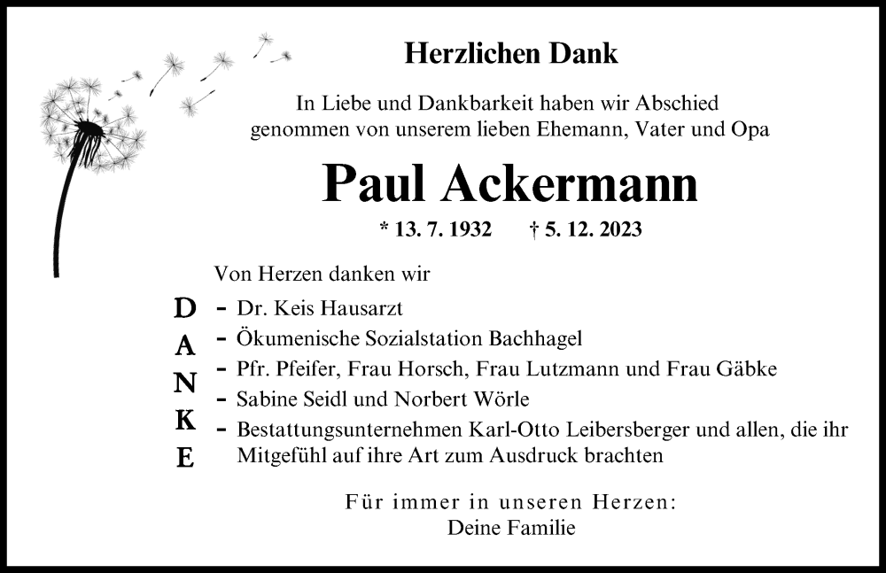  Traueranzeige für Paul Ackermann vom 05.01.2024 aus Donau Zeitung