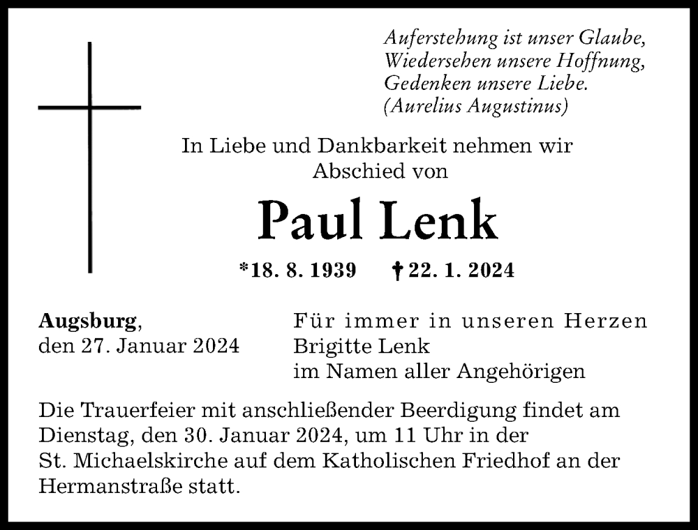 Traueranzeige von Paul Lenk von Augsburger Allgemeine