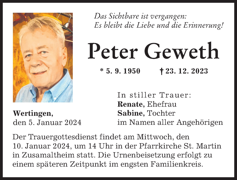 Traueranzeige von Peter Geweth von Wertinger Zeitung, Augsburg-Land