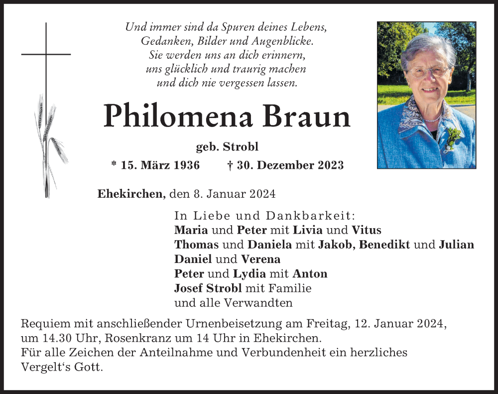 Traueranzeige von Philomena Braun von Neuburger Rundschau