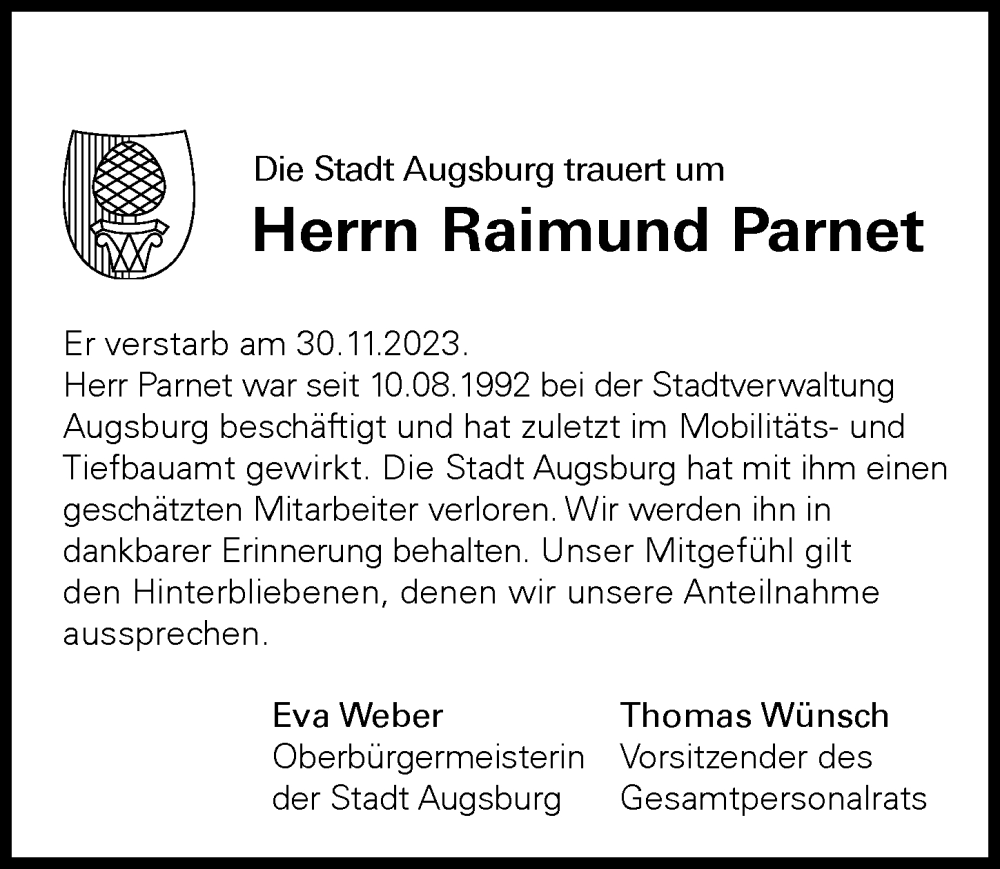 Traueranzeige von Raimund Parnet von Augsburger Allgemeine