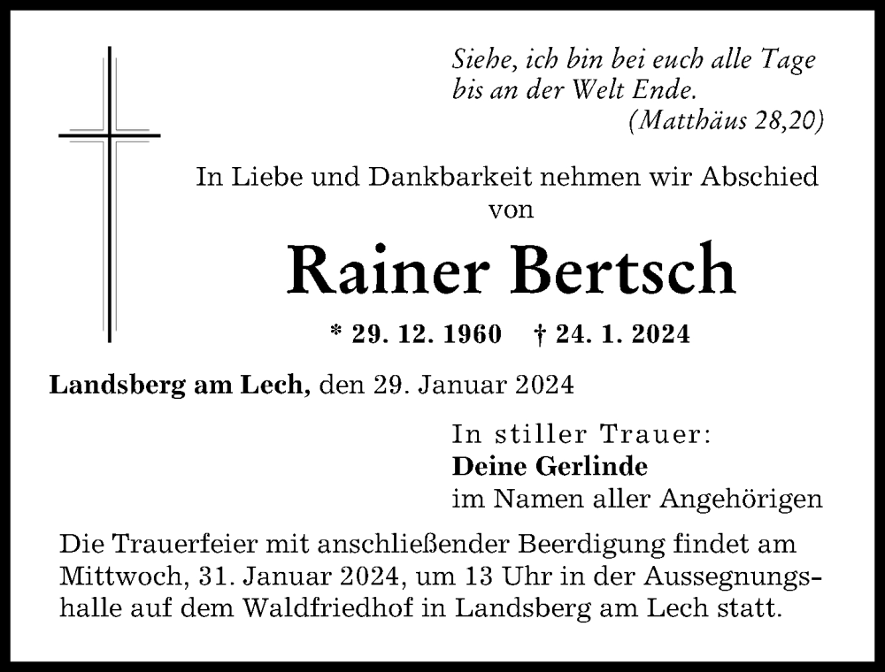 Traueranzeige von Rainer Bertsch von Landsberger Tagblatt