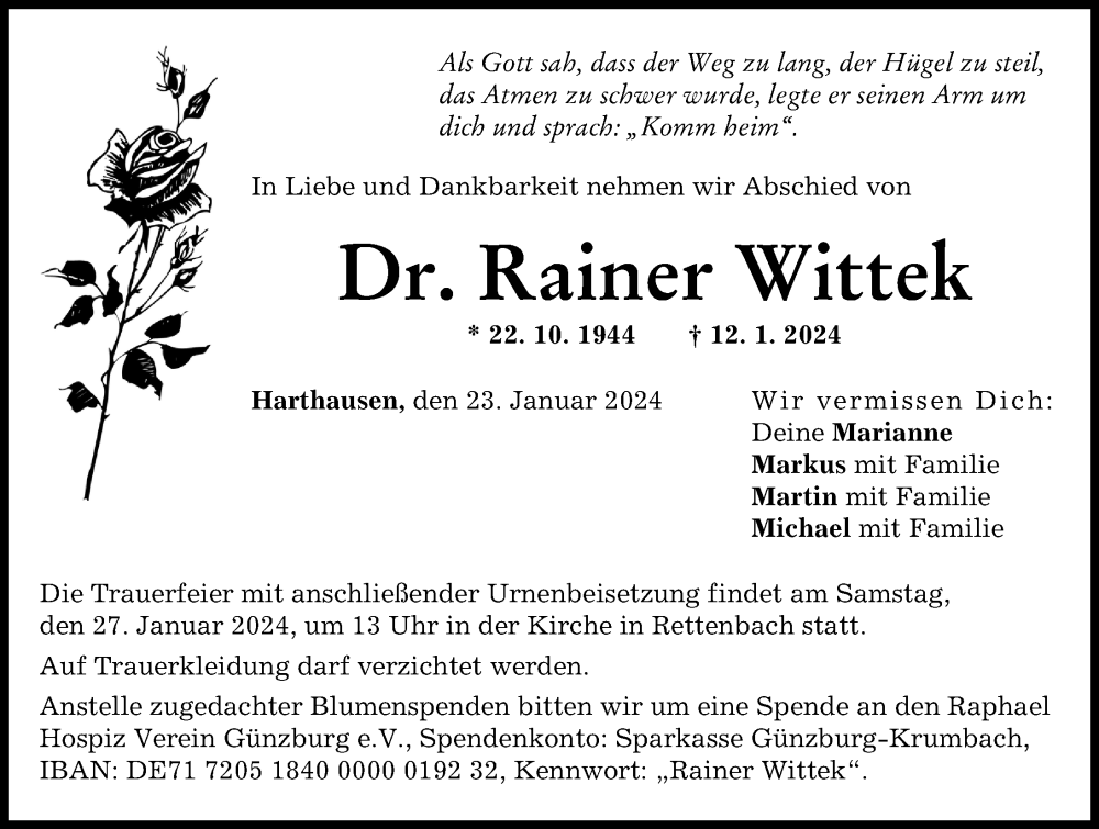  Traueranzeige für Rainer Wittek vom 23.01.2024 aus Günzburger Zeitung