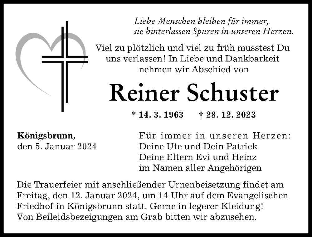 Traueranzeige von Reiner Schuster von Augsburger Allgemeine