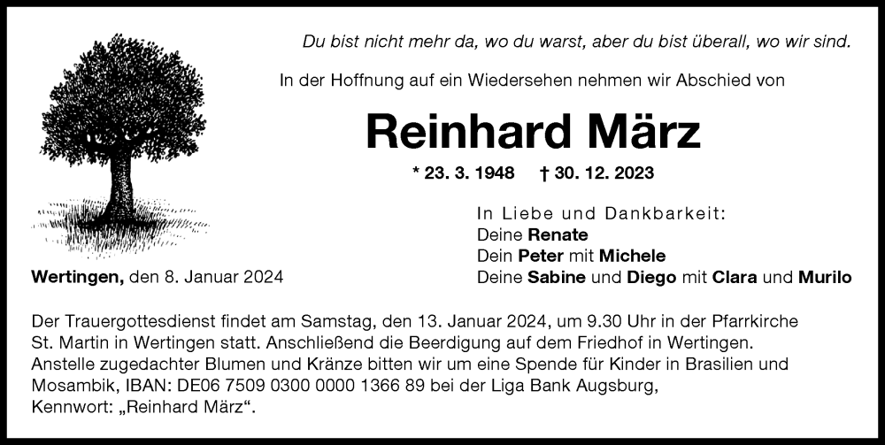 Traueranzeige von Reinhard März von Wertinger Zeitung