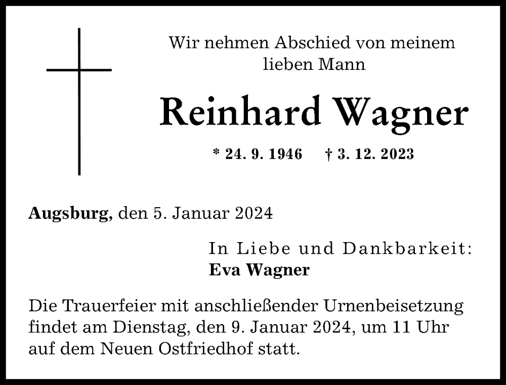 Traueranzeige von Reinhard Wagner von Augsburger Allgemeine