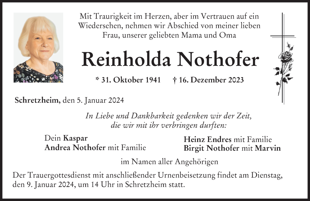 Traueranzeige von Reinholda Nothofer von Donau Zeitung