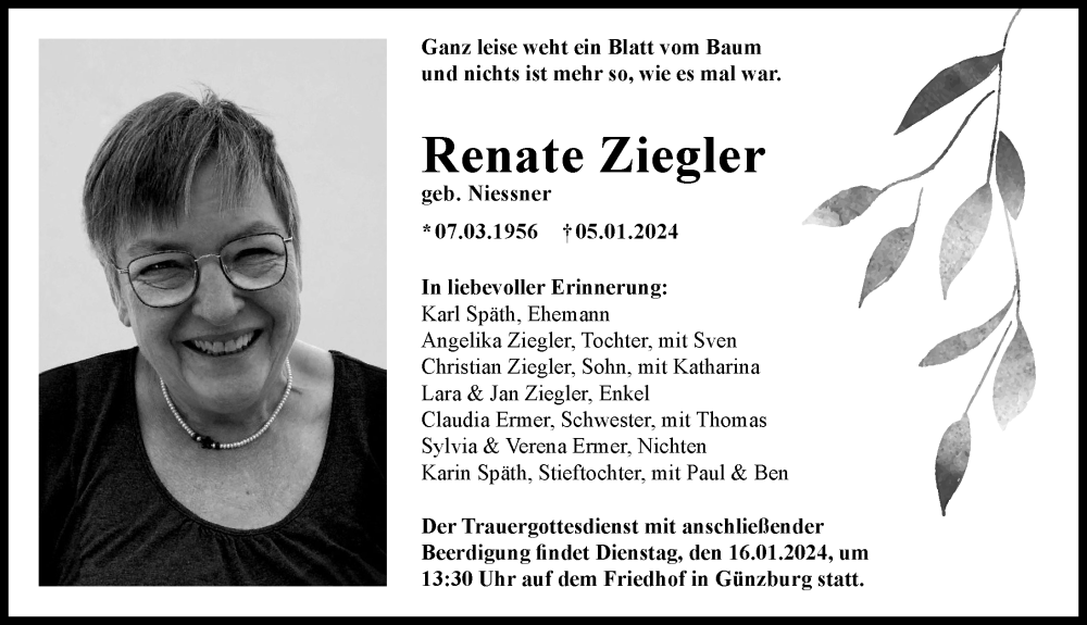 Traueranzeige von Renate Ziegler von Günzburger Zeitung