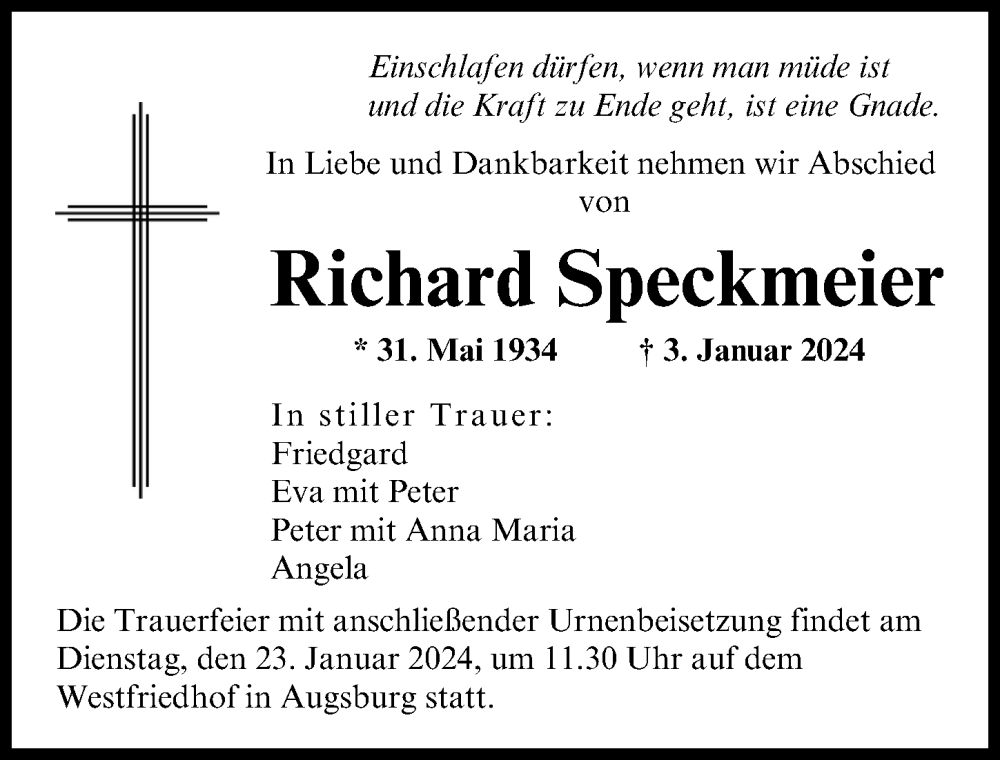 Traueranzeige von Richard Speckmeier von Augsburger Allgemeine