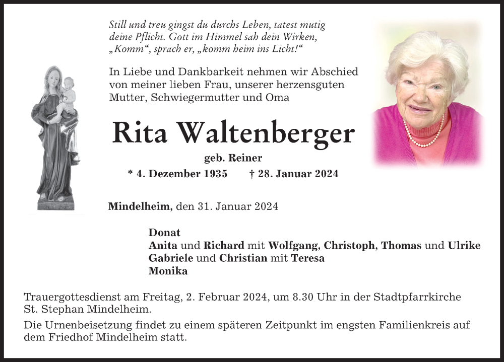 Traueranzeige von Rita Waltenberger von Mindelheimer Zeitung