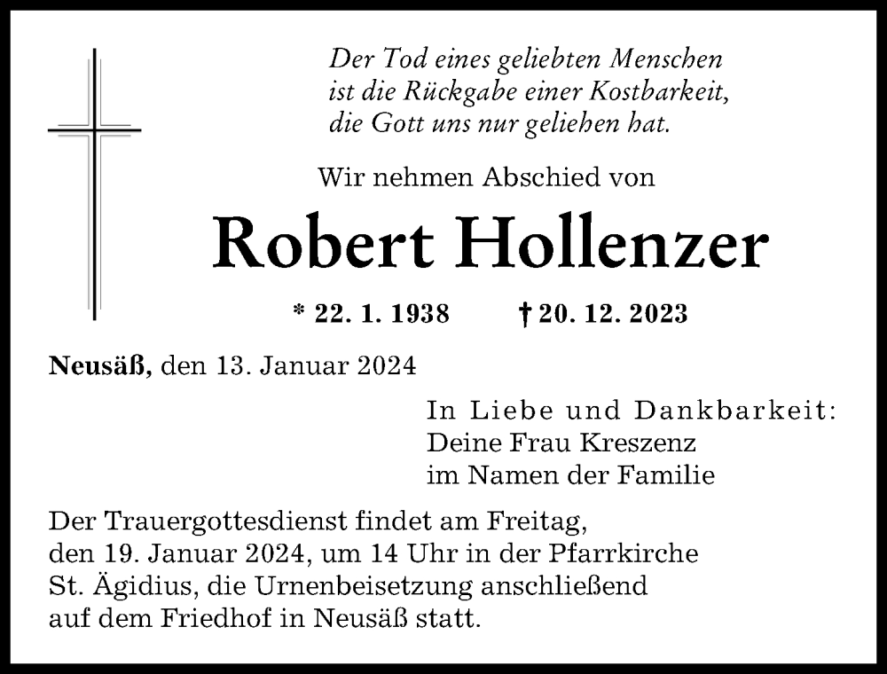 Traueranzeige von Robert Hollenzer von Augsburger Allgemeine