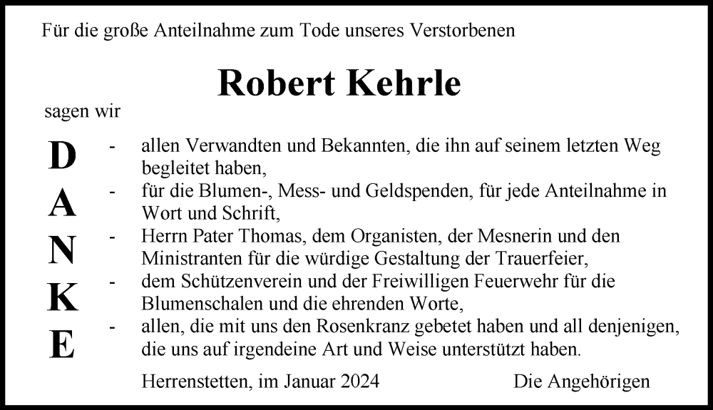 Traueranzeige von Robert Kehrle von Illertisser Zeitung