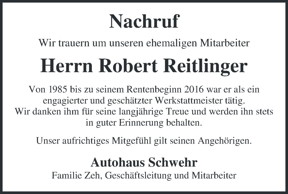 Traueranzeige von Robert Reitlinger von Mittelschwäbische Nachrichten