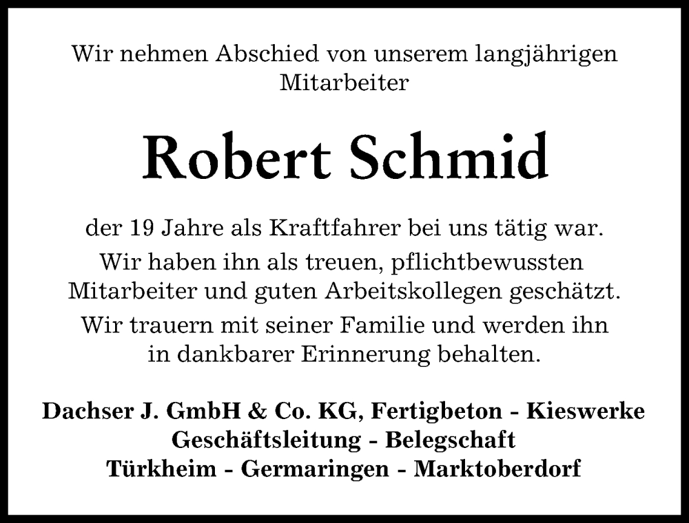 Traueranzeige von Robert Schmid von Mindelheimer Zeitung