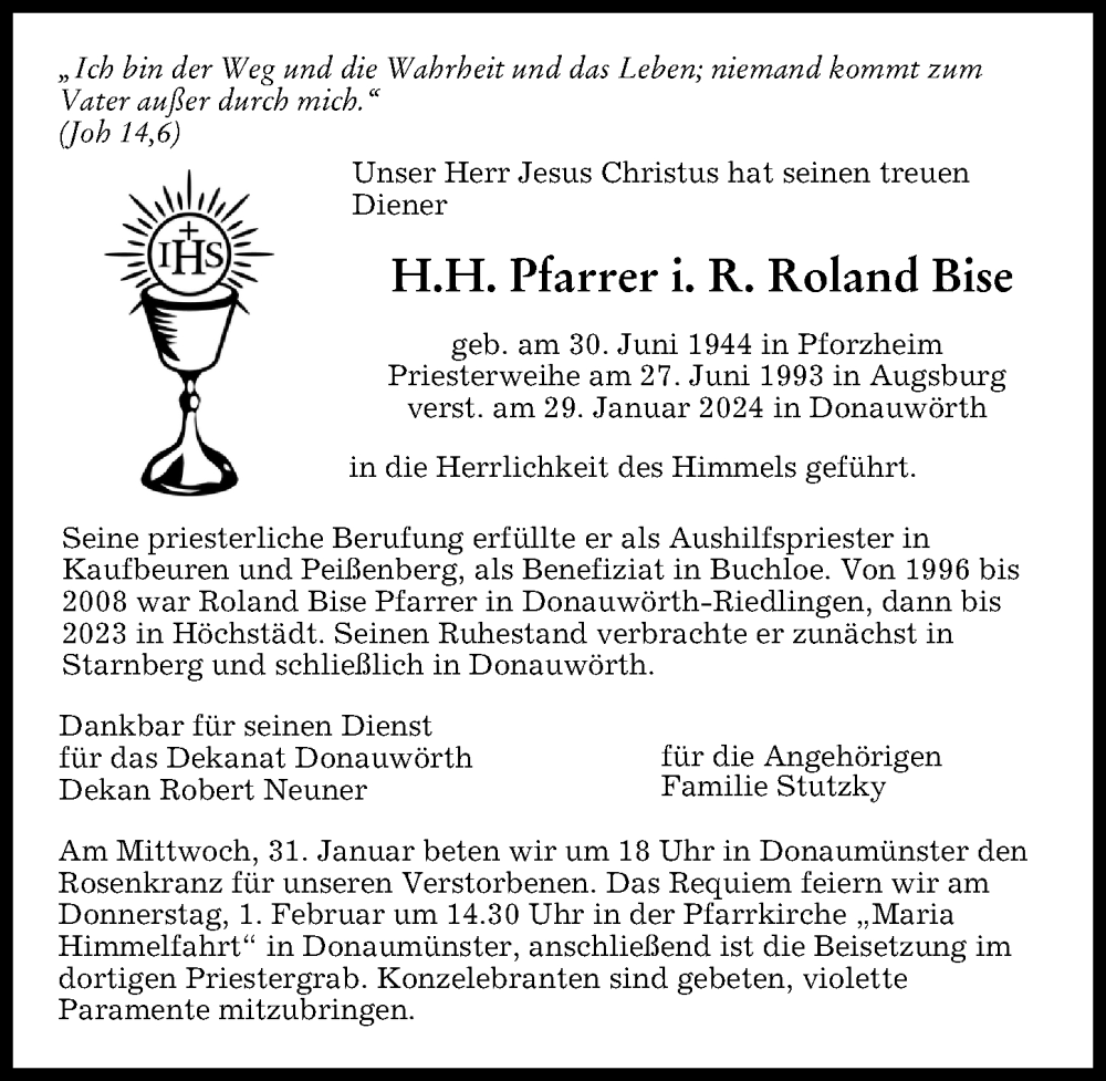Traueranzeige von Roland Bise von Augsburger Allgemeine, Donau Zeitung
