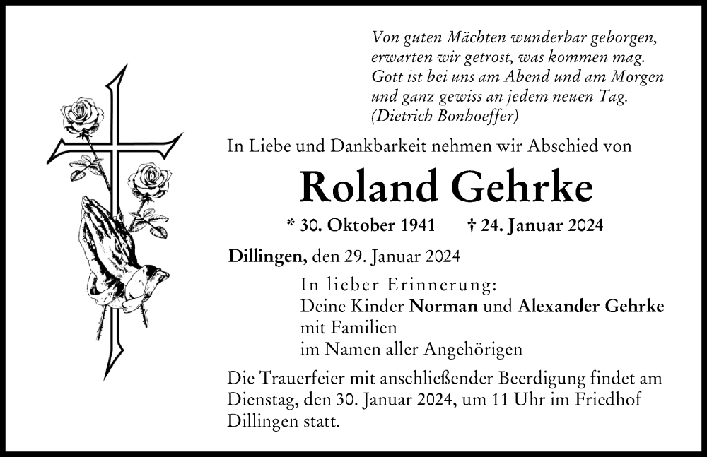 Traueranzeige von Roland Gehrke von Donau Zeitung