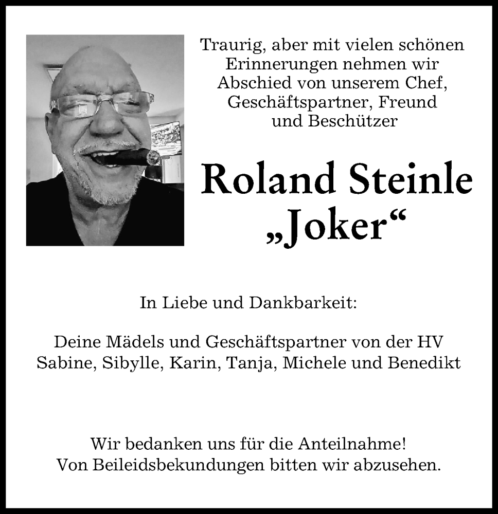  Traueranzeige für Roland Steinle vom 31.01.2024 aus Donau Zeitung