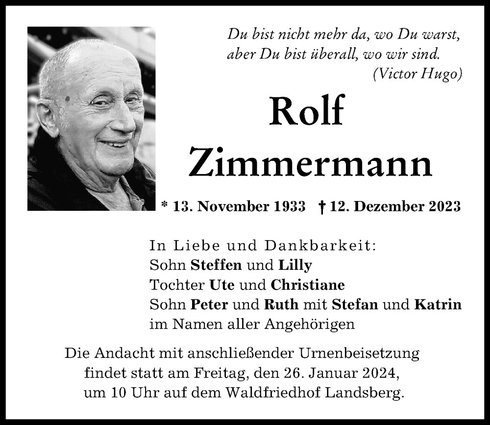 Traueranzeige von Rolf Zimmermann von Landsberger Tagblatt