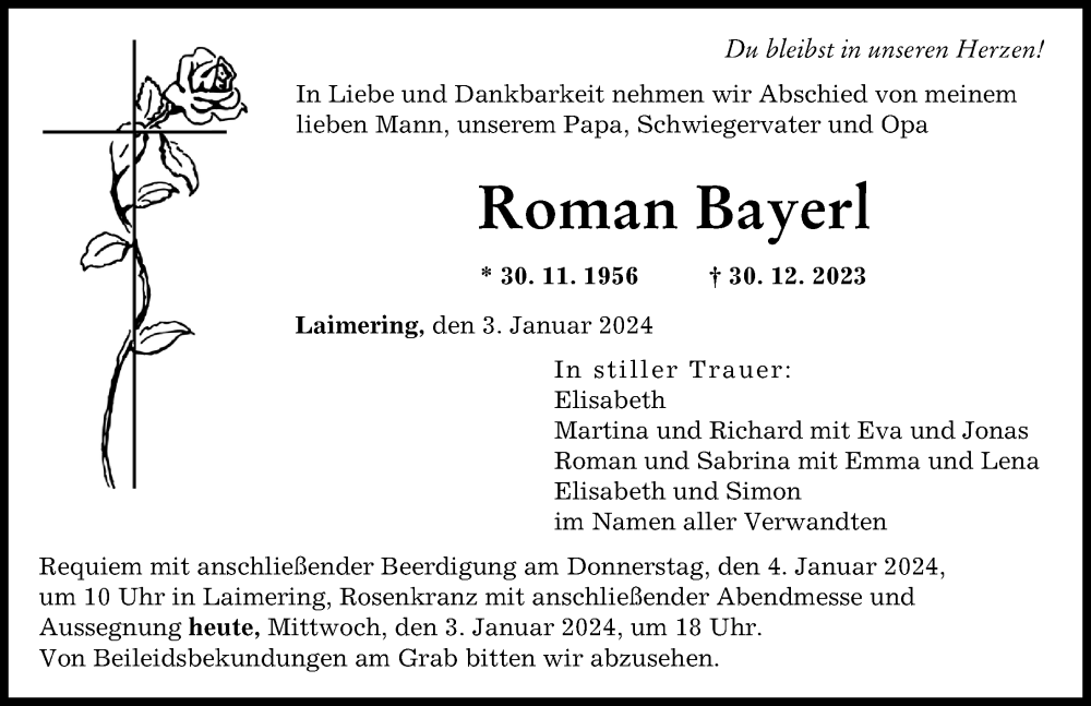 Traueranzeige von Roman Bayer von Augsburger Allgemeine