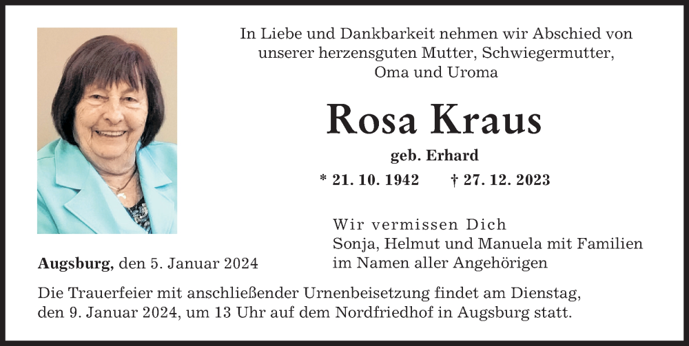 Traueranzeige von Rosa Kraus von Augsburger Allgemeine