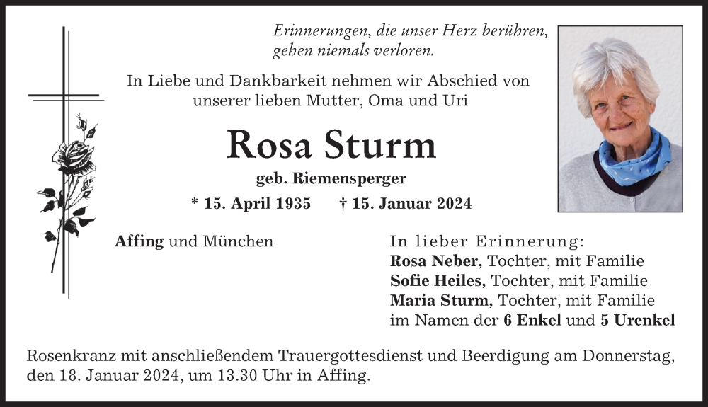 Traueranzeige von Rosa Sturm von Aichacher Nachrichten