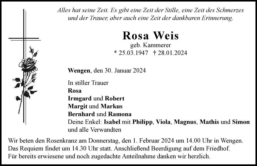 Traueranzeige von Rosa Weis von Neuburger Rundschau