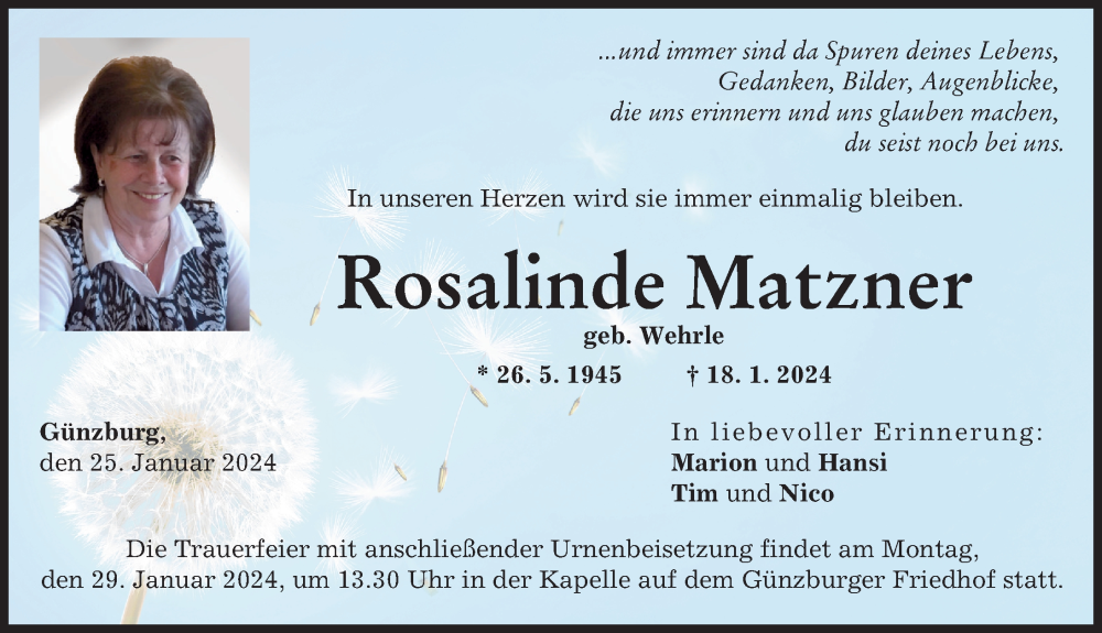 Traueranzeige von Rosalinde Matzner von Günzburger Zeitung