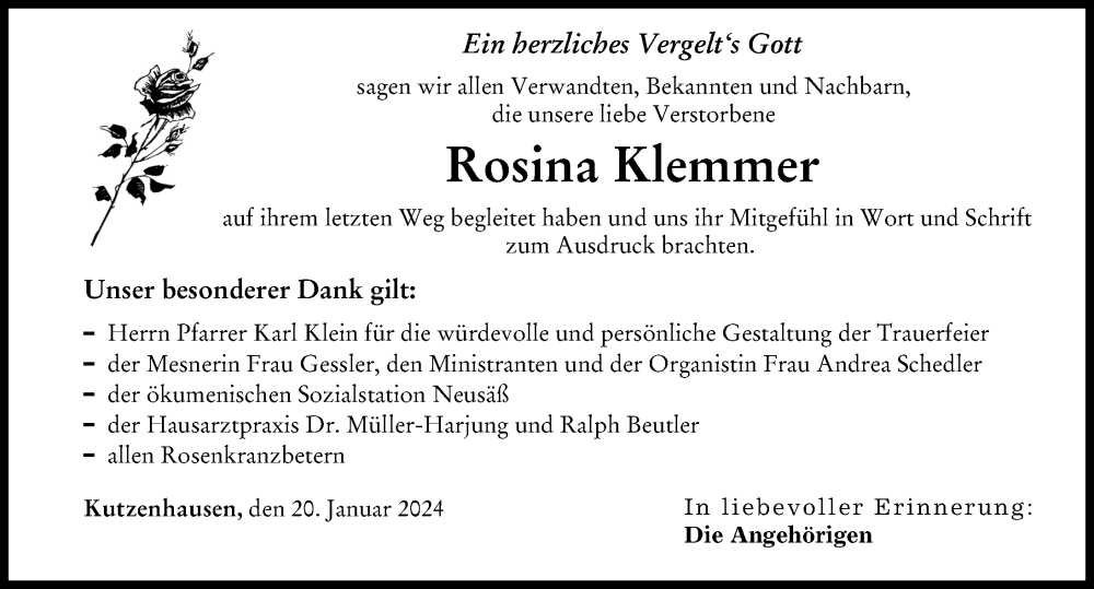 Traueranzeige von Rosina Klemmer von Augsburg-Land