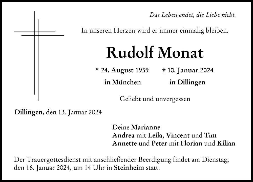  Traueranzeige für Rudolf Monat vom 13.01.2024 aus Donau Zeitung