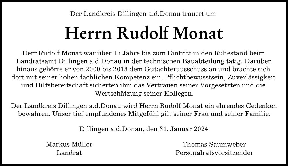 Traueranzeige von Rudolf Monat von Donau Zeitung