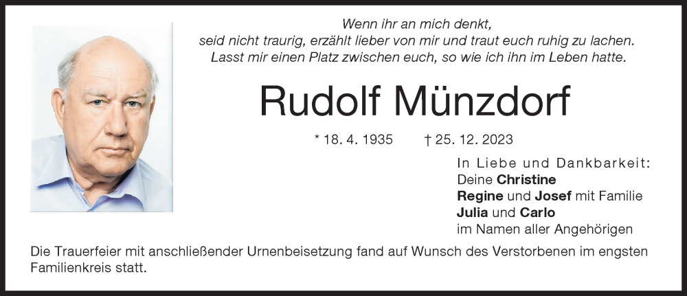 Traueranzeige von Rudolf Münzdorf von Landsberger Tagblatt