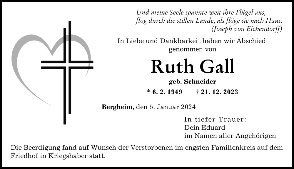 Traueranzeige von Ruth Gall von Augsburger Allgemeine