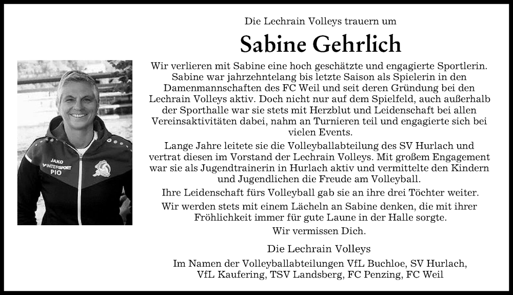 Traueranzeige von Sabine Gehrlich von Landsberger Tagblatt